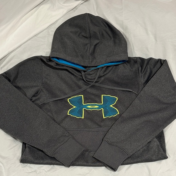Under Armour Storm Semi Fitted Charcoal Gray Hoodie with Blue and Yellow logo. - Picture 1 of 7